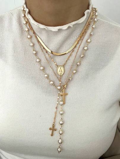 4pcs Y-Shaped Necklace Set - Elegant Vintage Geometric Faux Pearl Cross Embossed Texture Religious Element Snake Chain Tassel Pendant Necklace, Fashionable Minimalist Vintage Design, Suitable For Holidays, Parties, Dates, Gifts, Daily Wear