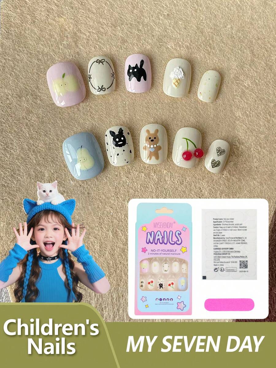 24pcs Dekorasi Persegi Mini, Gaya Hutan Segar, Warna Pastel Lembut dengan Elemen Kartun & Buah, Lucu & Menyejukkan, Cocok untuk Pemakaian Sehari-hari Anak-anak, Penuh Vitalitas untuk Kuku Anak - MultiWarna - View 1