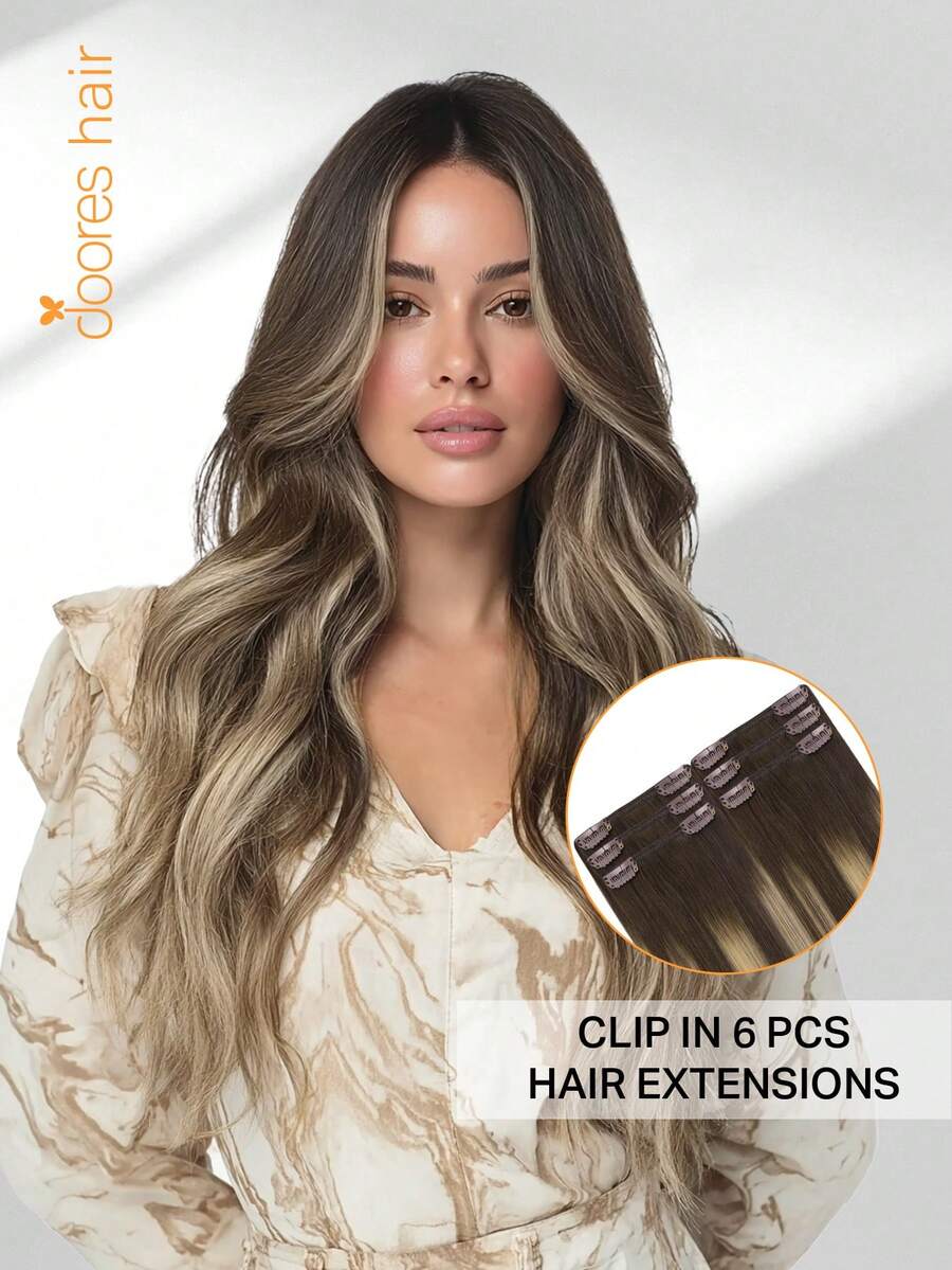DOORES 6pcs (With 12 Clips) Seamless Human Hair Extensions 12-24 Inches Double Weft Real Hair Extensions Suitable For Women's Daily Use, Increase Hair Volume And Length