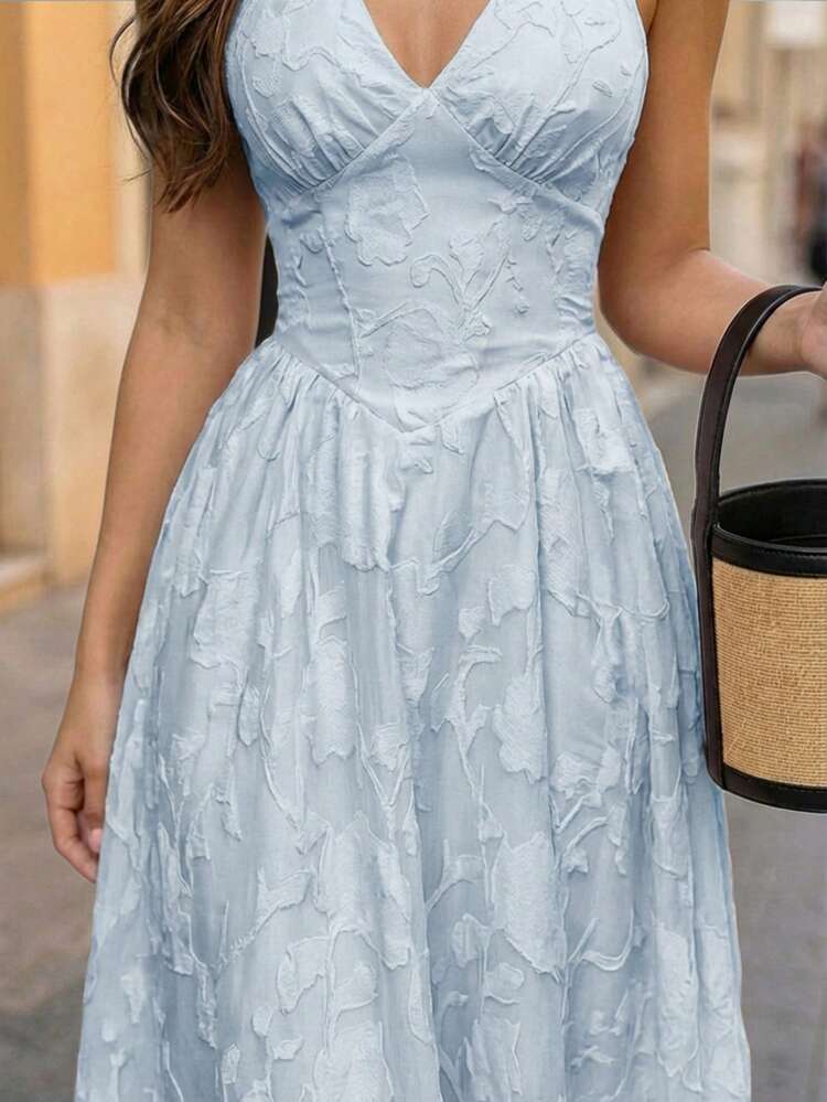 Perirose 女士优雅浅蓝色提花V领A字中长连衣裙，性感时尚，适合海滩派对 - 淺藍色 - 查看 7