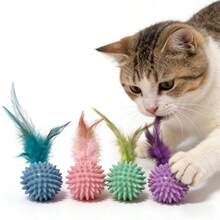 Pet Feather Toy Ball With Elasticity, Interactive Cat Toy Ball, 4 Colors Soft Feather Play Ball For Kitten Cats Indoor Playing - Random Color - View 2