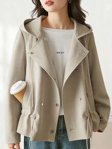 Women's Casual Hooded Jacket With Pockets, Button Front, And Drawstring Closure, Perfect For Office, Daily Wear, School, Fall, Winter, And Spring. This Short-Length Hoodie Is Perfect For Windbreakers And Spring Coats. - 淺褐色的 - 查看 3