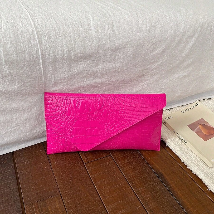 Fashionable Elegant Crocodile Embossed Envelope Clutch Bag, Casual Chic Refined Lightweight Versatile Handbag - Hot Pink - View 1