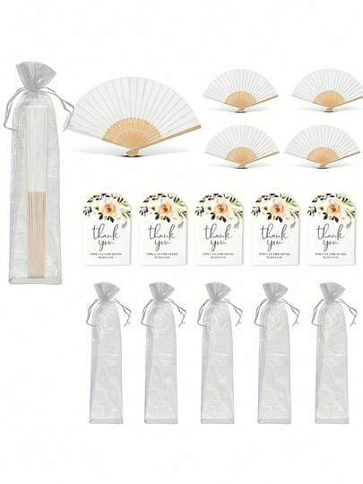 Handheld Folding Fan Set, White With Mesh Bag And Tag, Suitable For Wedding Bride Gift, Bride Room Decor, Gift, Valentine's Day Gift, Party Gift, Ladies Folding Fan