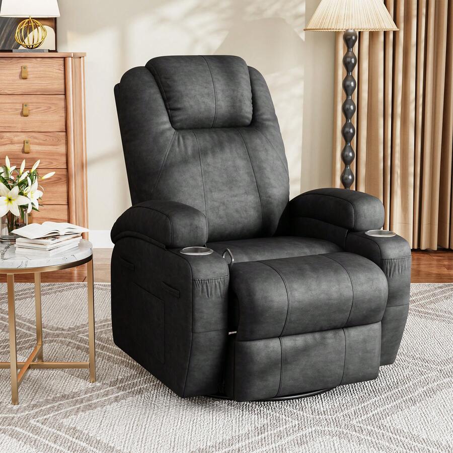 Devoko Leathaire Swivel Rocker Recliner Chair With Vibration Massage, 360° Swivel Recliner For Adults, Ergonomic Lounge Chair With Cup Holders, Lazy Recliner Single Sofa - màu đen - Xem 1