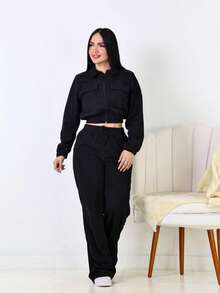 Women's Corduroy Velvet Set With Jacket And Pants - Comfort And Style - 黑色 - 查看 3
