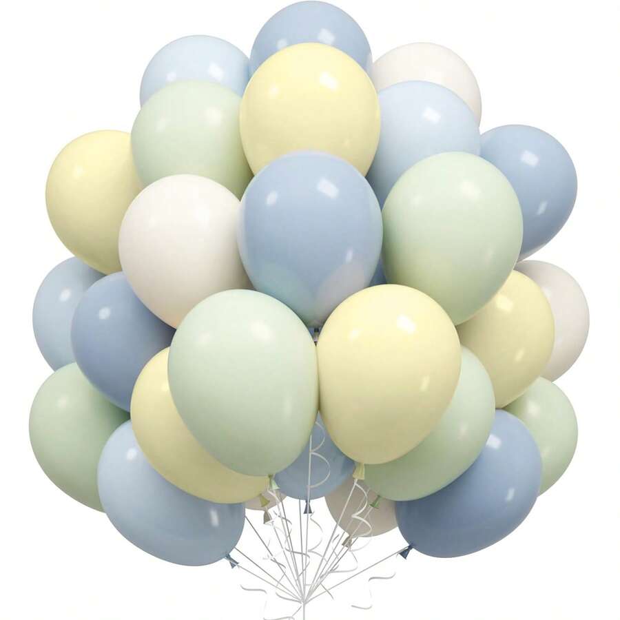50/28 quả bóng bay màu xanh lá nhạt, trắng, xanh dương, vàng kích thước 10 inch, thích hợp trang trí tiệc sinh nhật lần thứ nhất cho bé trai/bé gái, đồ dùng cho tiệc mừng em bé chào đời. - A-1 - Xem 1