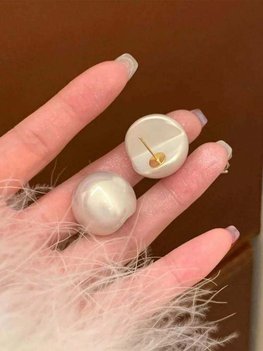 1对时尚简约小众高端丸子头半圆珍珠耳钉，仿珍珠夹式耳环，适合女性日常、节日、婚礼、派对佩戴 - 大嘴巴珍珠 - 查看 1