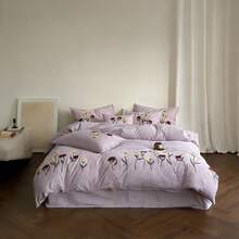 Set de lenjerie de pat 3 bucăți din material textil creț, moale și confortabil (1 husă de pilotă + 2 fețe de pernă, umplutura nu este inclusă), model brodat floral, potrivit pentru dormitor, cameră de oaspeți, băieți și fete, lavabil la mașină - Mov Mov - Vizualizare 27