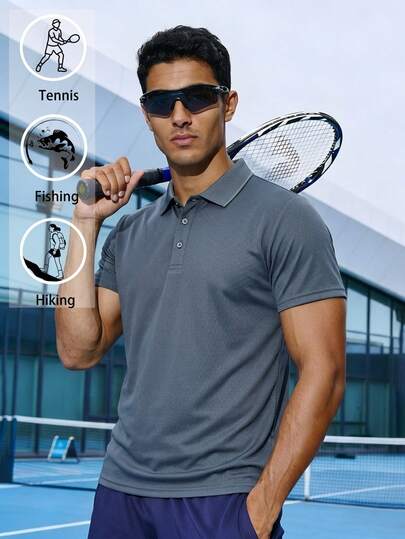 Golf Polo Shirt For Men, Fashion Business Casual Printed Short Sleeve Collared Button Design Contrast Collar Lightweight Sports Activewear For Fitness Workout