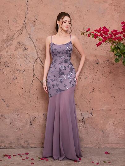Đầm maxi đuôi cá đính sequin ren hoa màu tím thanh lịch Mgiacy - Đầm dự tiệc dây mảnh dành cho nữ mùa hè, thích hợp cho đám cưới, tiệc tối, tiệc tùng, kỳ nghỉ và lễ hội.