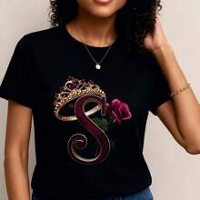 Camiseta Decorada con Corona de Rosas y Letra S para Mujer- 1pcs, 180Gsm, 100% Cotton - Negro - Ver 1