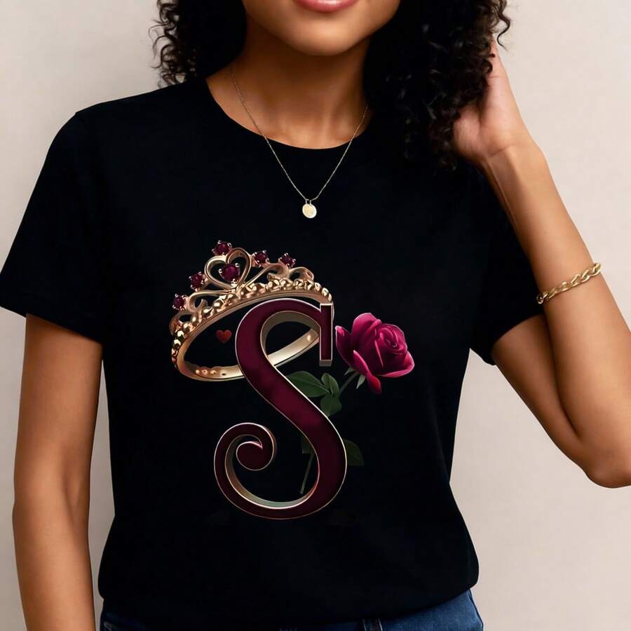 Camiseta Decorada con Corona de Rosas y Letra S para Mujer- 1pcs, 180Gsm, 100% Cotton - Negro - Ver 1