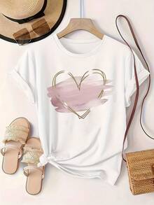 Plus Size Women's Summer Tops, Plus Size Oversized T-Shirt - Short Sleeve, Round Neck, African Style Top With Heart And Geometric Print, Short Sleeve Blouse For Spring, Summer, Fall, Machine Washable, Casual Wear (In Stock) - Cotton T-Shirt Fits Plus Size. - 白色 - 查看 2