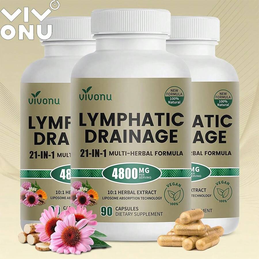 VIVONU 21 In 1 Liposomal Lymphatic Drainage Supplement, 45 Day Supply, 4800mg Immune And Lymphatic System Support, 10:1 Concentration Technology, Purple Cone Flower, Dandelion, Burdock, Pineapple Proteinase, Calendula Flower, 90 Capsules - 3 bottle - 查看 1