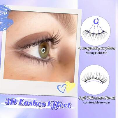 磁性假睫毛套装（含涂抹器） - 易于使用，妆效自然，防水，无需胶水，易于佩戴，3D仿真睫毛，打造迷人眼妆，舒适贴合，无需胶水