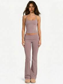 UONNOU 女士春夏运动两件套：露背吊带短款背心，高腰喇叭裤，提臀塑形，收腰收腹，打造迷人腰臀比例，显瘦运动裤。适合健身、芭蕾、瑜伽、跑步、户外休闲等场合，时尚运动装。 - 藕粉色 - 查看 9