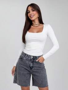 Set Of 3 Women's Second Skin Baby Look Blouses, Long Sleeve, Square Neck, Basic Shaping, Soft Supplex Fabric, Lined, Elastic, Premium Casual Fashion, Versatile, - 白色 - 查看 1