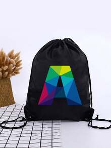 1pc Geometric Colorblock A-Z Letter Drawstring Backpack, Rainbow Letter Print Cinch Bag, Lightweight Sports Fitness Travel School Backpack - Black - View 18