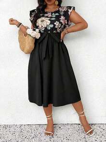 SHEIN Frenchy Plus Size Women Floral Print Round Neck Cap Sleeve Elegant Dress, Summer Vacation - 黑色 - 查看 4