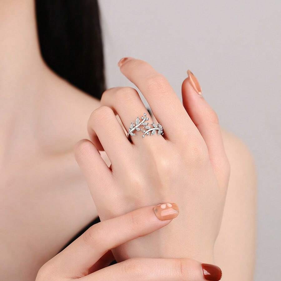 Nhẫn hở điều chỉnh được, kiểu dáng tối giản, đính đá hình lá và cành cây, trang sức tinh tế, thanh lịch. - Bạc - Xem 1