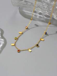 1 pieza Collar de acero inoxidable de moda con colgante rectangular, colgante de circonita cúbica de colores y brillantes, accesorio versátil y exquisito para mujer, elegante y sexy collar de clavícula - Dorado - Ver 4