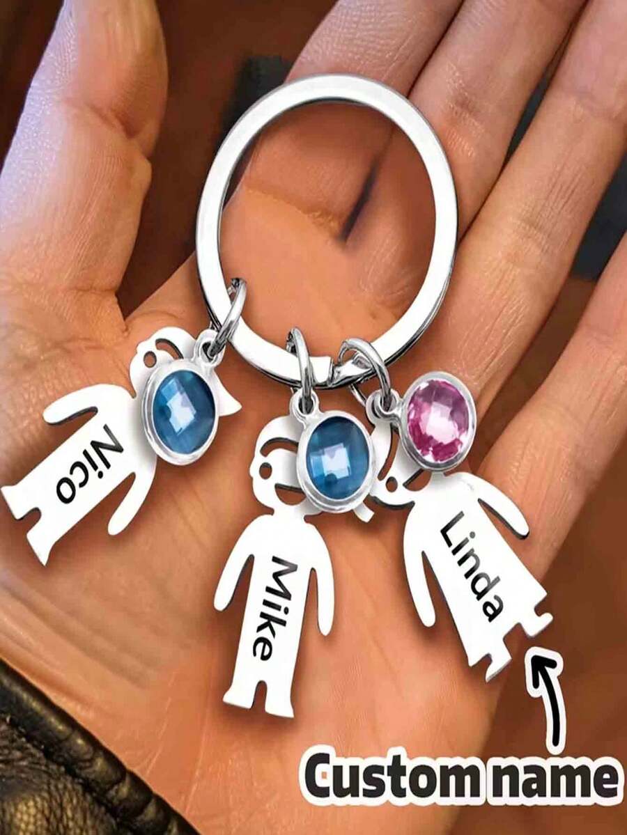 Personalized Stainless Steel Family Name Keychain, Inlaid With 5 Birthstones - Engraved Gift, Ideal Choice For Friends And Family.