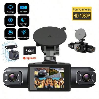 四通道360°行车记录仪，前后左右视角，3.16英寸屏幕，内置夜视功能，灵敏的移动侦测录像，停车监控，倒车辅助，150mAh电池