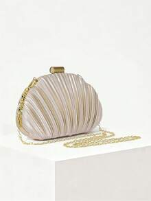 YMI STYLE Élégant sac de soirée minimaliste en satin plissé en forme de coquille, convient pour les soirées de gala, les robes, les mariages, les robes à paillettes. Livré avec une bandoulière en métal. Un cadeau idéal pour elle. - Nude - Voir 3