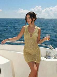 Đầm mini dệt kim không tay màu vàng kim HoloChill dành cho nữ, có chi tiết khoét lỗ và họa tiết hình tròn, đầm len ôm sát co giãn, đầm hè, đầm đi nghỉ mát, đầm dự tiệc thanh lịch, đầm đi biển, đầm dự đám cưới, đầm sinh nhật, đầm duyên dáng, đầm đi biển, đầm thường ngày. - Màu xanh Ô liu - Xem 7