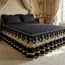 1pc Minimalist Comfortable Solid Color Quilted Lace Bed Skirt, Soft Skin-Friendly Dust-Proof Anti-Slip, Multiple Sizes Suitable For Bedroom Hotel Bedding (Pillow Case Not Included) - Black - View 3