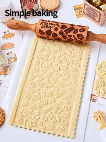 1个激光雕刻压花榉木擀面杖，可爱卡通面包、咖啡豆、巧克力图案擀面杖，亲子DIY烘焙饼干模具 - 查看 3