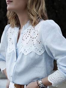 Spring/Summer New Arrival French Style Light Blue Striped Lace Patchwork Hollow Out Collar Blouse For Women - Light Wash - View 1