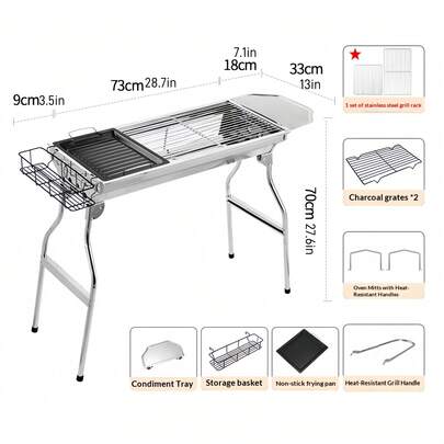 Suuri ruostumattomasta teräksestä valmistettu ulkogrilli, kannettava taitettava hiiligrilli kotikäyttöön