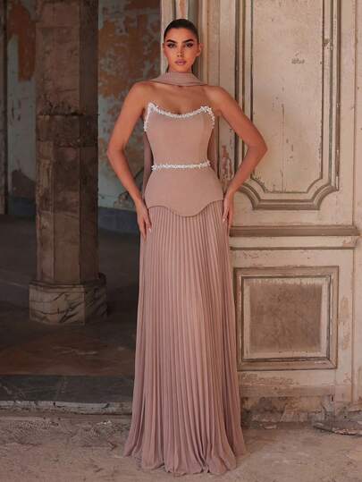 Faeriesty Women's Pleated Strapless Formal Evening Dress, Suitable For Attending Galas, Celebrations, Weddings, Graduation Balls And Red Carpet Events, Elegant And Graceful Party