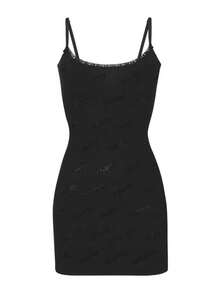 SKIMS Rhinestone Logo Pointelle Mini Slip Dress - Authentic Luxury Second-Skin Mini | Viral 2026 Women's Ultra-Soft Sculpting Pointelle Dress | Premium Buttery-Soft Signature Fabric With Crystal Branding | Iconic Lightweight Everyday Essentials | Chic Y2K Aesthetic Lounge Dress - màu đen - Xem 8