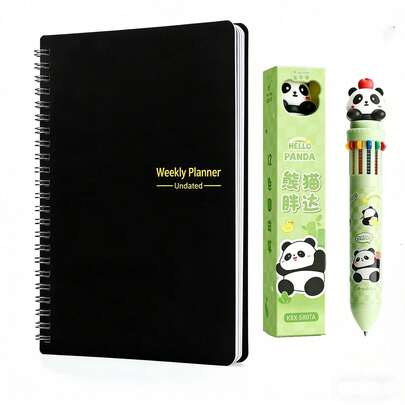 Sổ tay lò xo A5 với giấy dày, nhiều màu sắc và bìa chống thấm nước, kèm bộ bút bi Panda 12 màu.