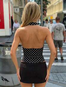 Women's Y2K Polka Dot Halter Crop Top Deep V Backless Slim Fit Parisian Street Style Spring Summer Date Cafe Streetwear - Black - View 6