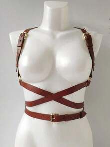 1pc Women's Elegant Coffee PU Leather Bustier Corset Waist Belt, Streetwear Body Harness Suitable For Daily Commute, Holidays, Parties, Halloween, Christmas Outfit Accessory - 咖啡棕 - 查看 7