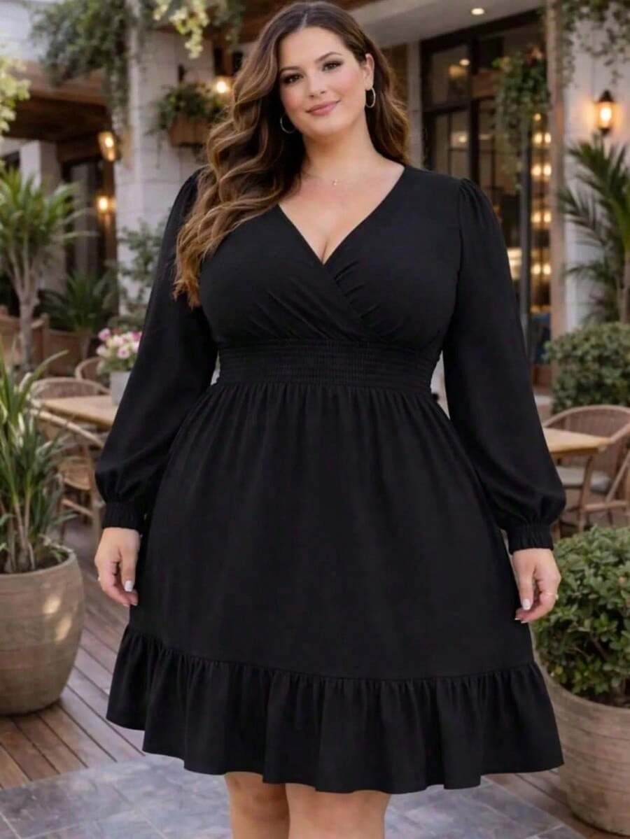 Plus Size Women's Midi Long Sleeve High Elasticity Dress - màu đen - Xem 1