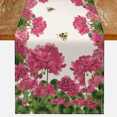 1pc Spring And Summer Red Geranium Floral Table Runner, Burlap Table Runner, Watercolor Pink Flowers, Seasonal Coffee Table Centerpiece Decoration, Home Kitchen Dining Room Party Indoor And Outdoor