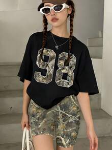 1 Piece Vintage Camo Set For Girls, Number Graphic Two Pieces, Spring & Summer Casual Outdoor Wear - Black - View 1