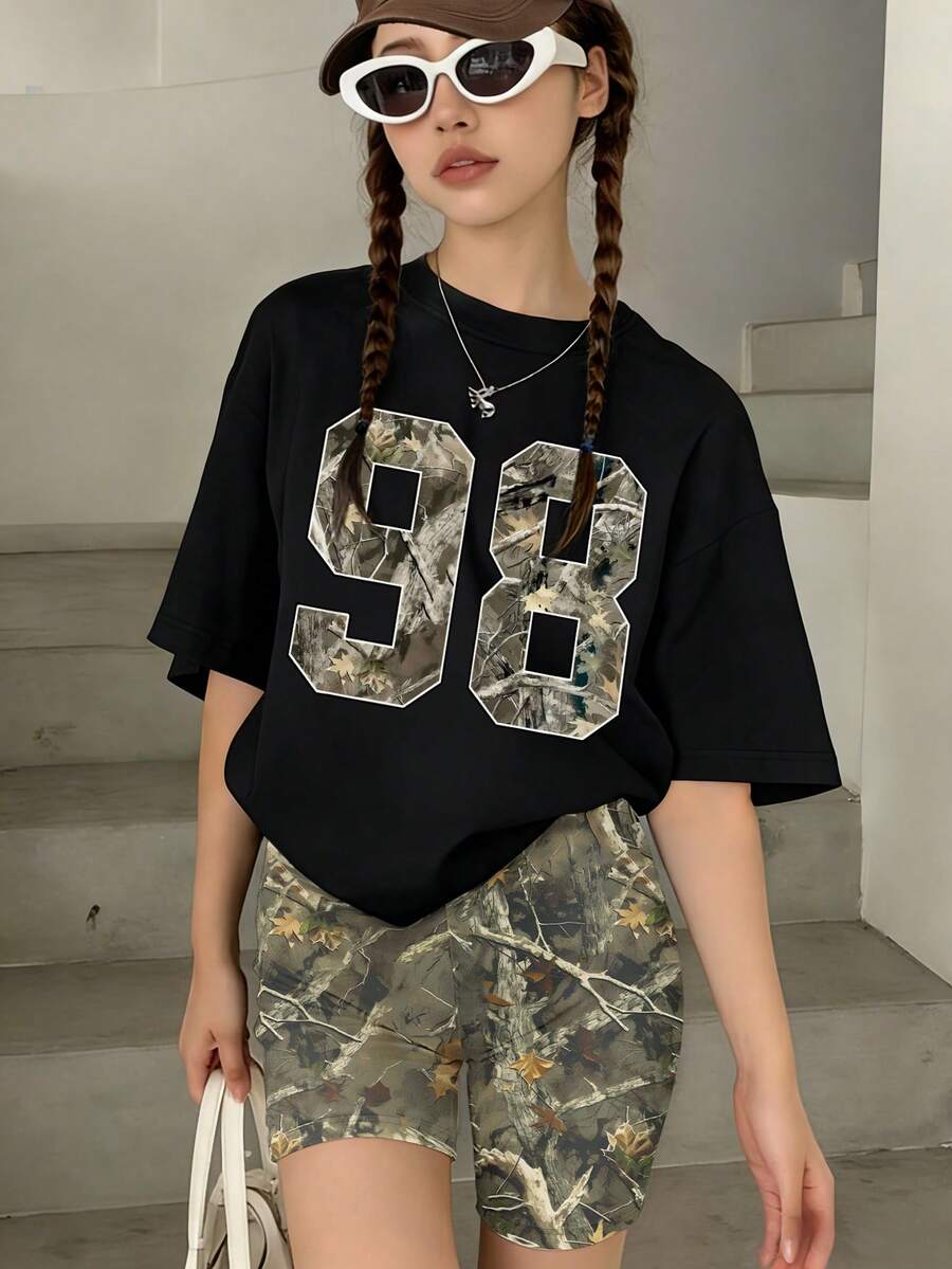 1 Piece Vintage Camo Set For Girls, Number Graphic Two Pieces, Spring & Summer Casual Outdoor Wear - Black - View 1
