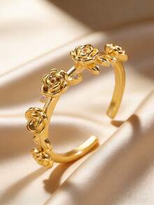 Juego de 3 anillos elegantes y lujosos con flores de rosa de cobre y rhinestones, diseño floral 3D, anillos ajustables para mujeres, adecuados para uso diario, fiestas, citas, vacaciones, playa, regalo para amigos, familia, parejas, diseño de joyería original - Dorado - Ver 8