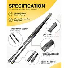 4 Pcs Fine Long Tweezer Tongs Professional Black, 12'' And 10'' Stainless Steel For Kitchen, Food, Cooking, Repairing, Sea Food And BBQ - 黑色 - 查看 4