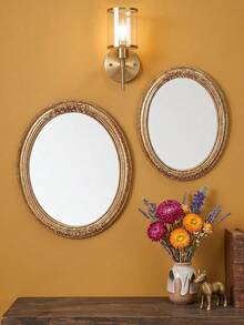 1pc Vintage Lace Pattern Oval Decorative Wall Mirror, European Style Home Decor Wall Art, Creative Vanity Mirror, Suitable For Wall Decor, Dressing Table Mirror And Photography Props - Multicolor - View 3