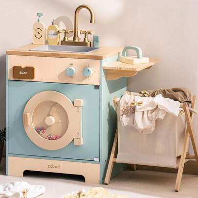 Robotime Children's Wooden Washing Machine With Laundry Basket, Ironing Board, Detergent And More, Suitable For Ages 3+