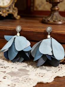 1 Pair New Bohemian Style Denim PU Layered Petal Earrings, European And American Retro Sunflower Drop Earrings, Versatile Beach Holiday Earrings - Denim Blue - View 5
