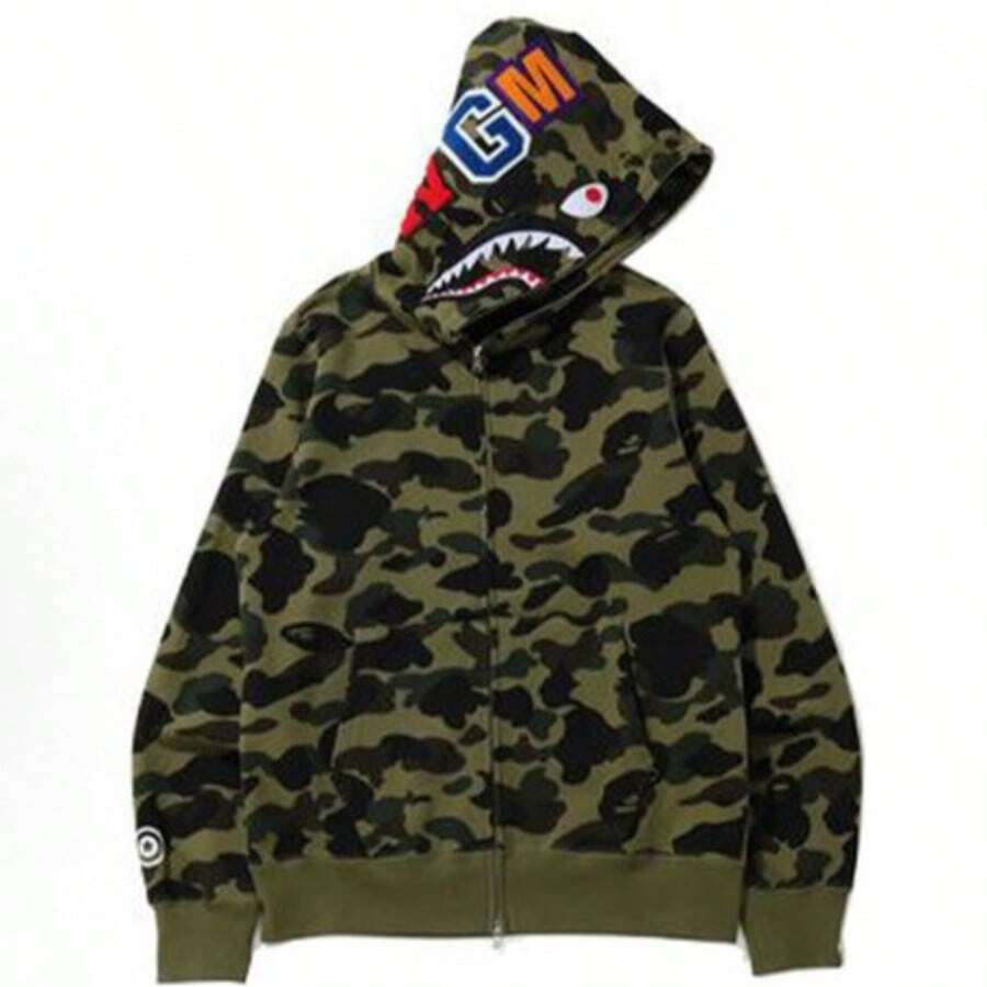 A Bathing Ape (BAPE) Men's Shark Full-Zip Hoodie – Iconic Camo Series, Multi-Color Options Available - Army Green - View 1