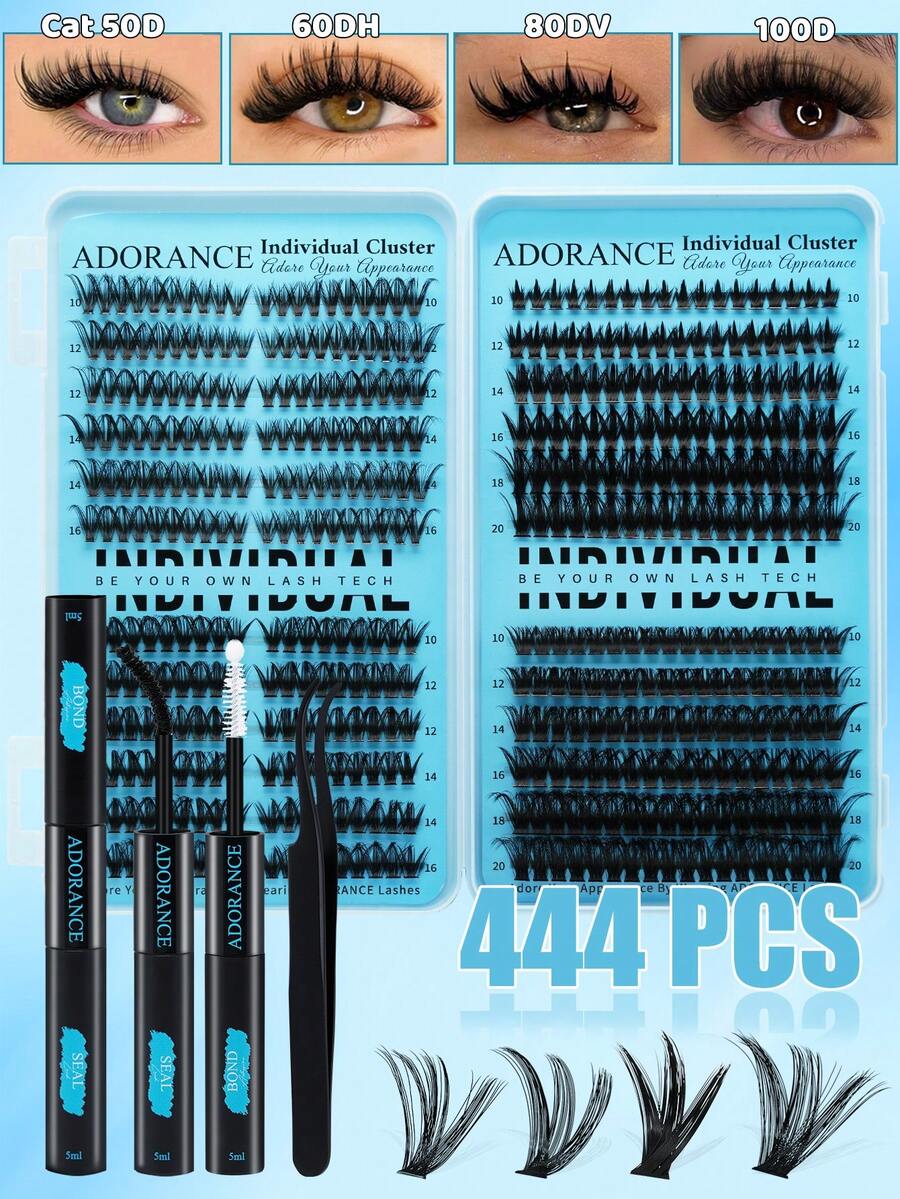 ADORANCE 444片假睫毛套装，4种长度可选，50D+60DH+80DV+100D，新手友好型假睫毛套装，包含睫毛胶、定型液和镊子，适合日常、旅行和特殊场合的自然妆容。 - 黑色 - 查看 1